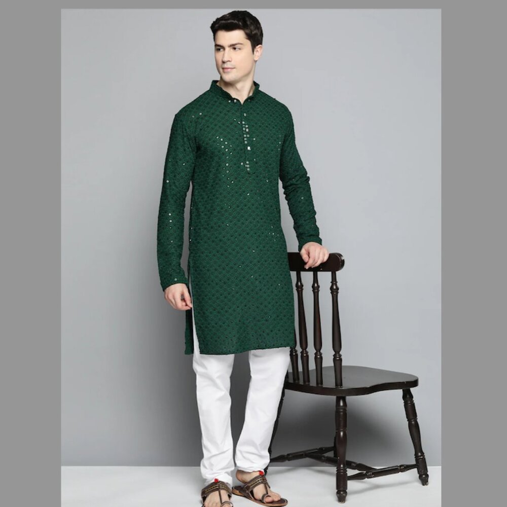 BRAND NEW WITH TAGS Men Dark Green Chikankari Embroidered and Sequence Kurta